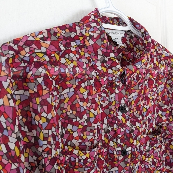 Vintage Liz Clairbone shiffon mosaic print multicolored pink red blouse Medium - Picture 9 of 10